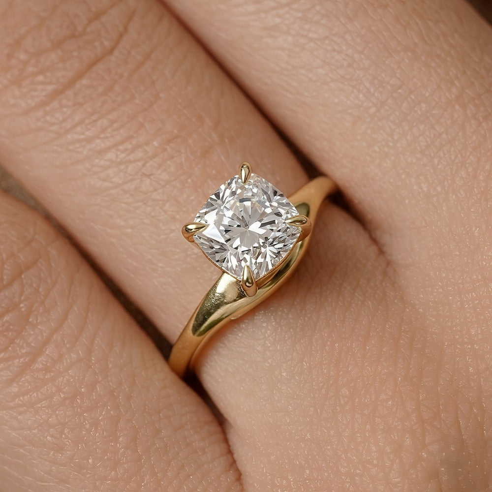 14K yellow gold cushion diamond curved ring