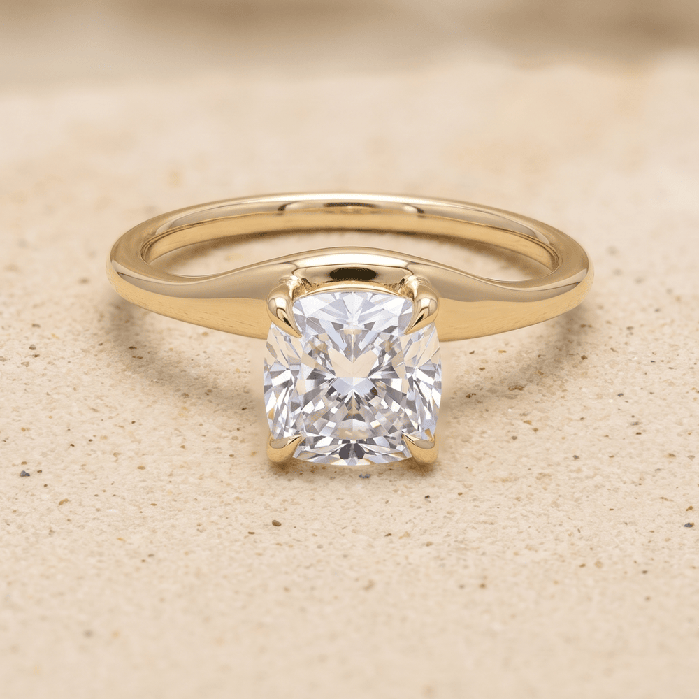 Cushion cut lab diamond ring curved band front view