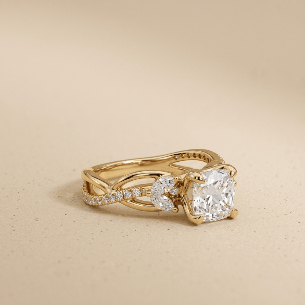 Cushion cut lab grown diamond ring with nature inspired setting
