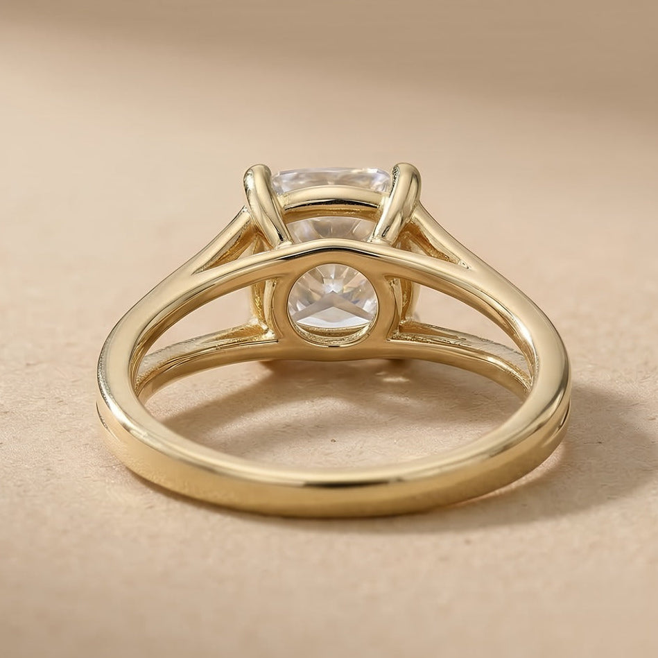Cushion cut engagement ring top view 14K gold