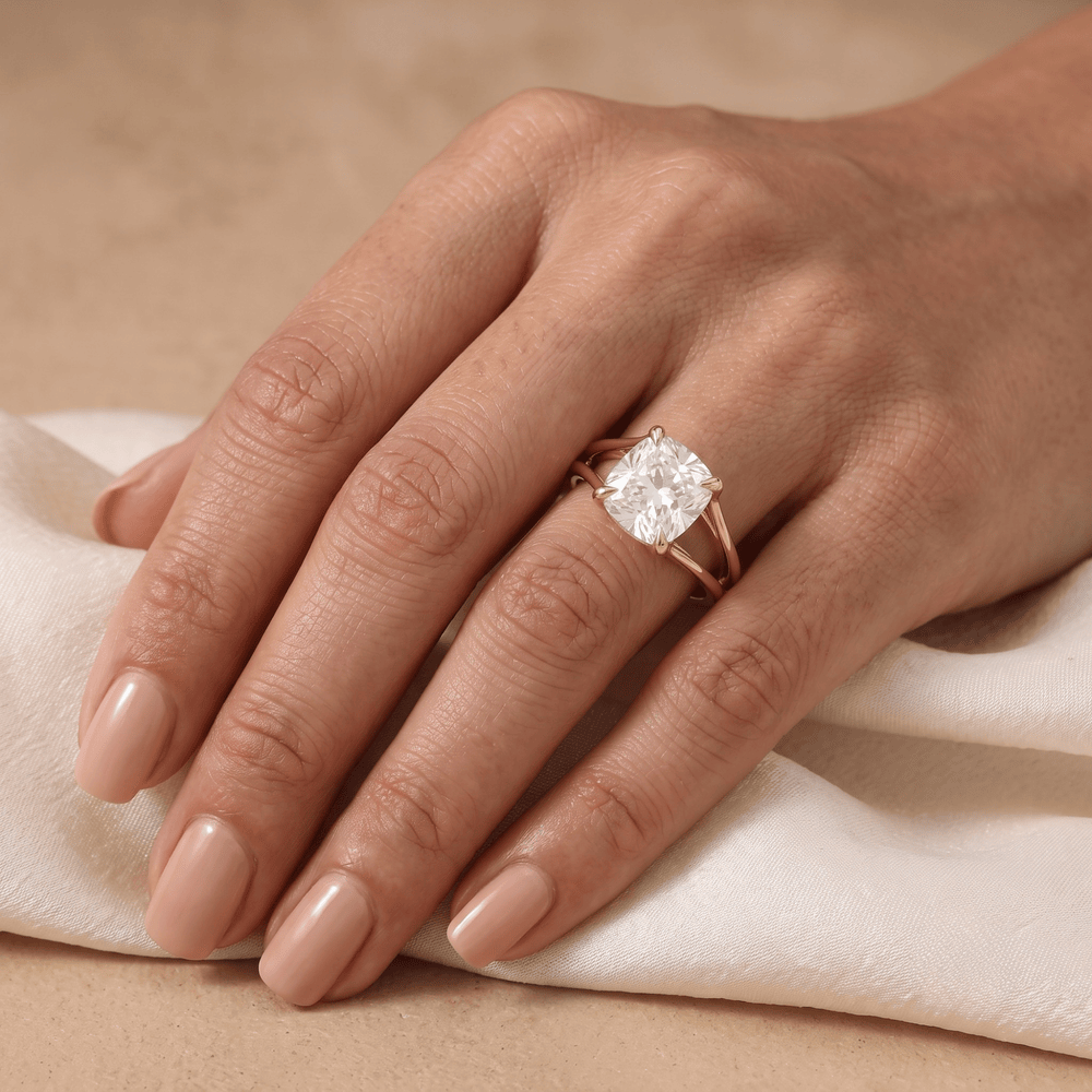 Lab grown diamond ring on model's hand 14K gold