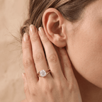 Cushion cut solitaire ring stacked with wedding band