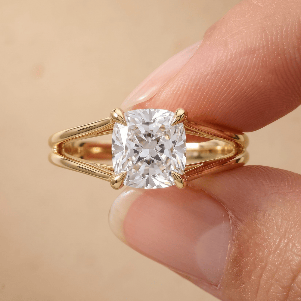 Lab grown diamond ring on model's hand 14K gold