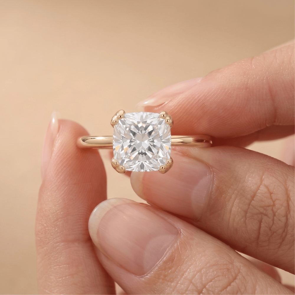 Cushion moissanite solitaire ring stacked with wedding band