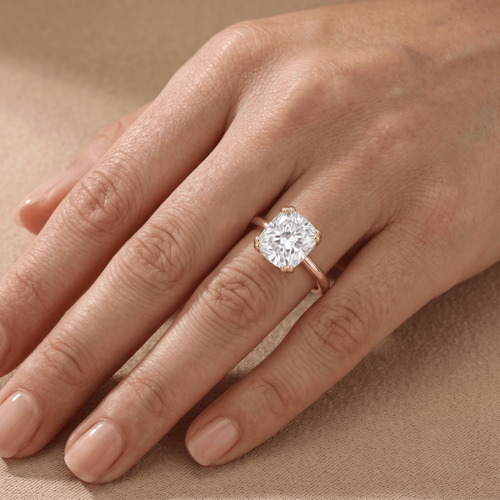 Ethically sourced cushion moissanite ring detail shot