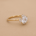 Cushion cut moissanite halo ring side profile view