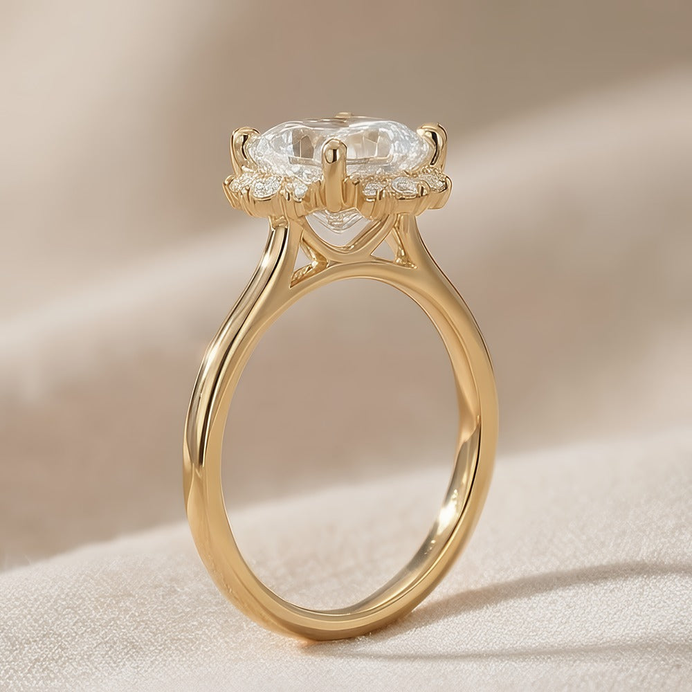 Cushion cut moissanite halo ring side profile view