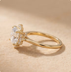 Cushion cut moissanite halo ring side profile view