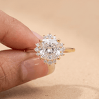 Cushion moissanite promise ring on model's hand
