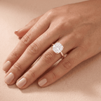 Cushion solitaire cathedral ring moissanite lifestyle shot