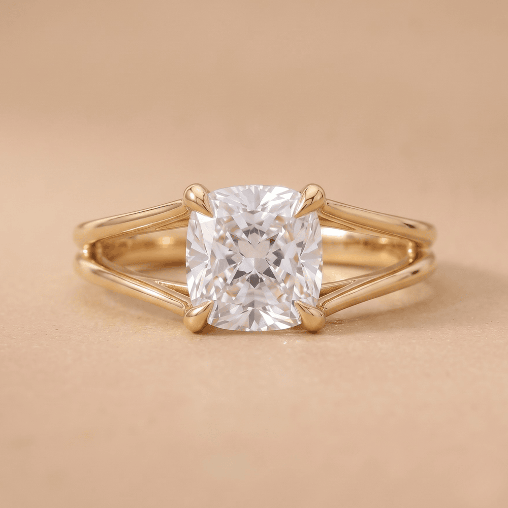Split shank cushion moissanite ring front view