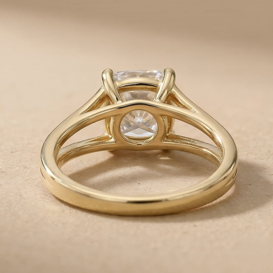 Split shank cushion moissanite ring side angle