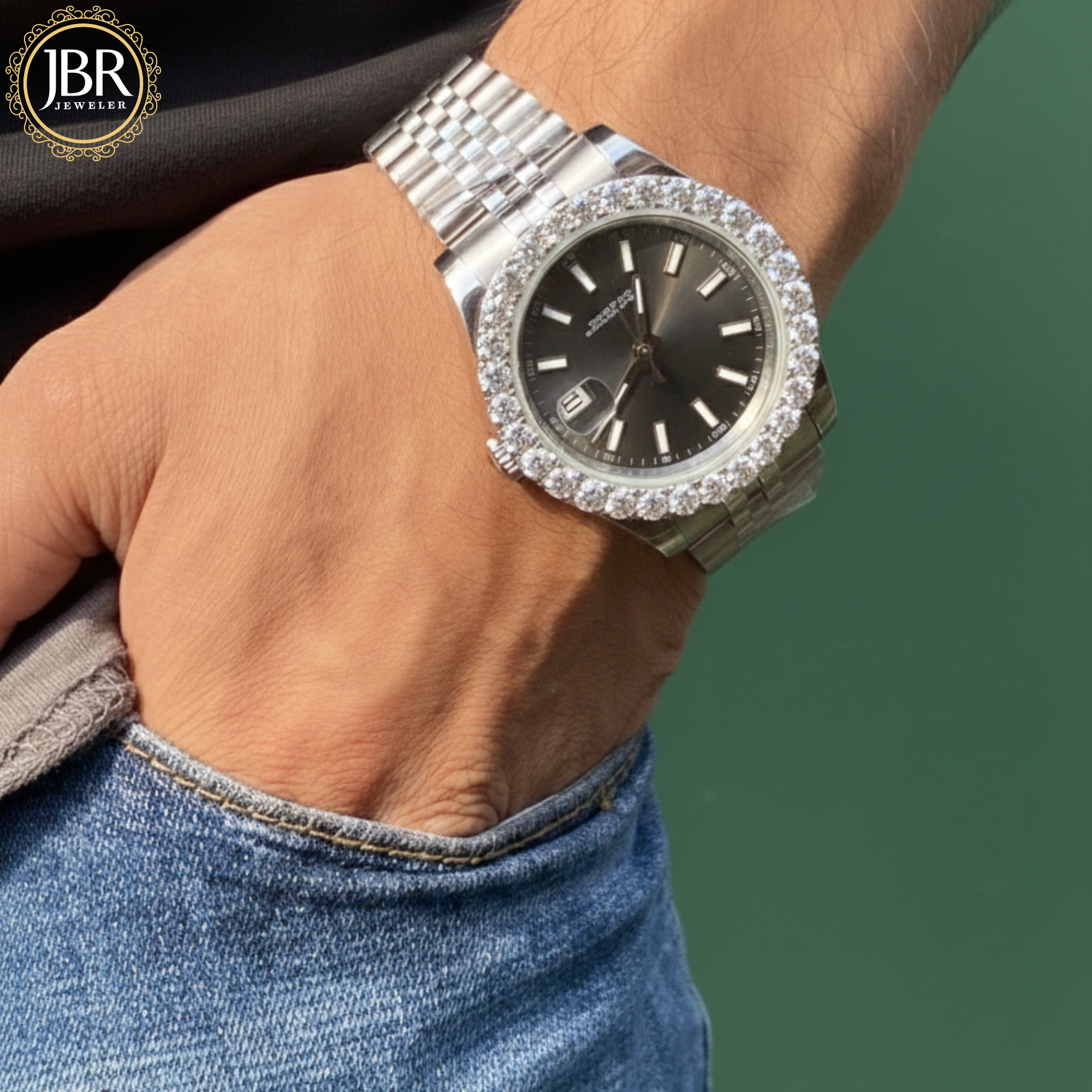 Dark Rhodium Dial DJ 41mm Moissanite Diamond Bezel Watch | Jubilee Bracelet