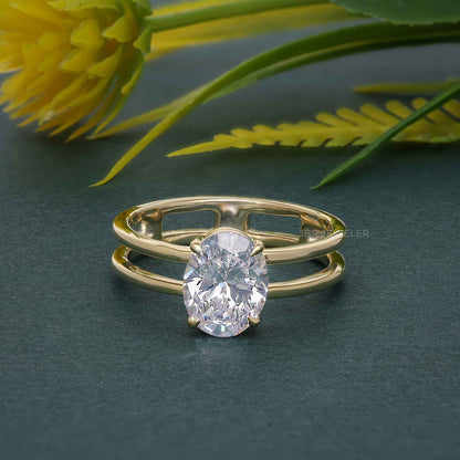 Bague de fiançailles ovale à double bande et diamants cultivés en laboratoire