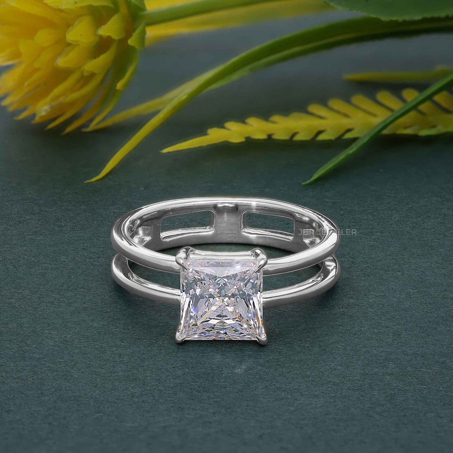 Double Band Princess Moissanite Diamond Solitaire Ring