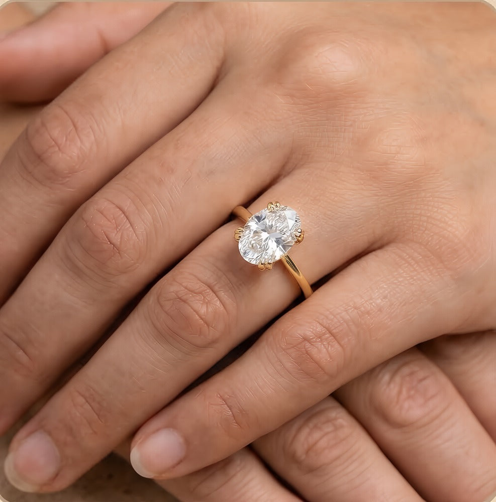 Dual prong oval ring stacked with wedding band