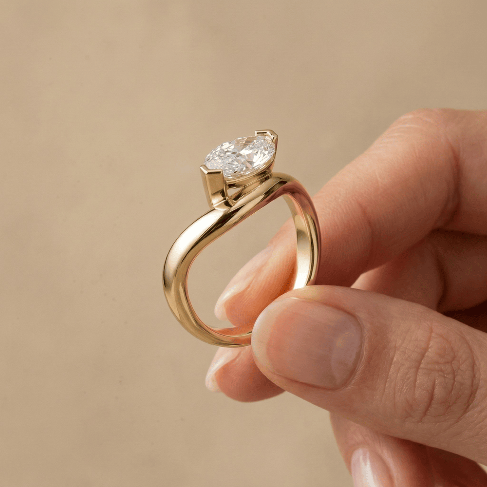 Unique marquise lab diamond ring with curved gold band
