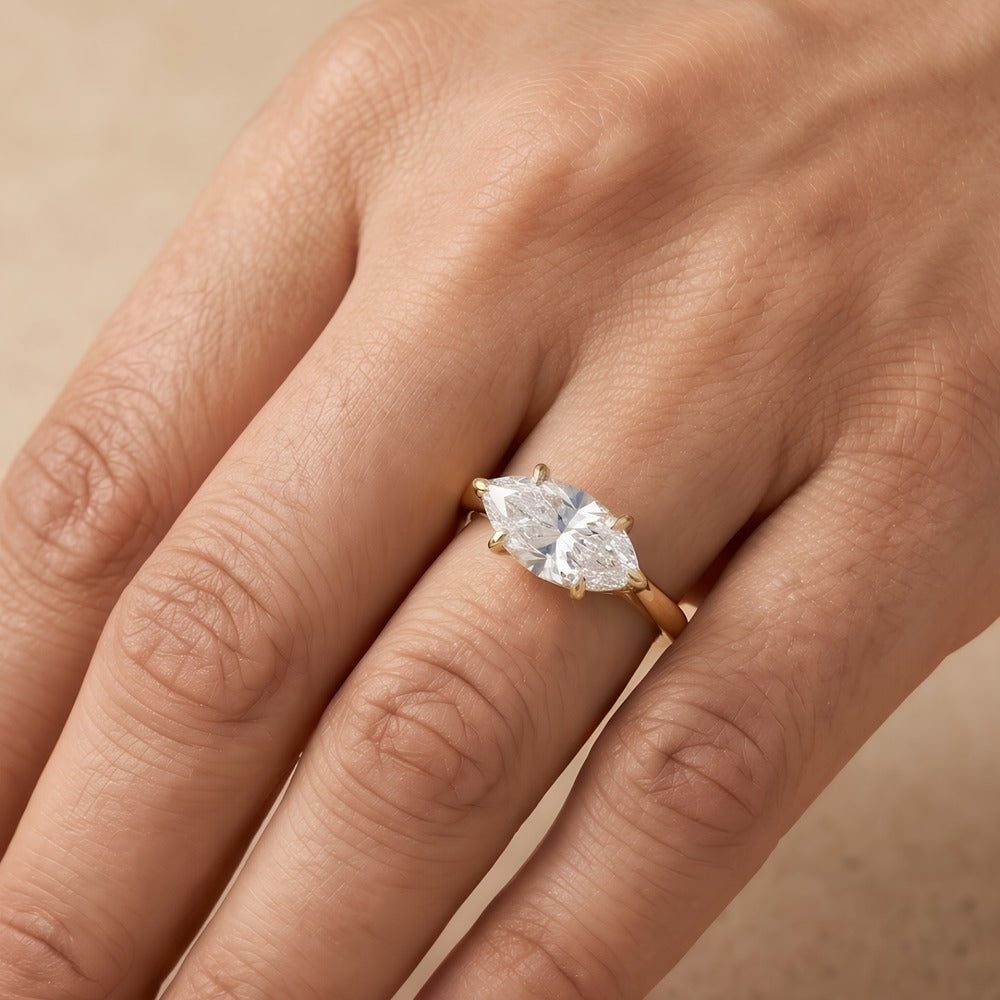 14K curved band marquise moissanite ring gift for her