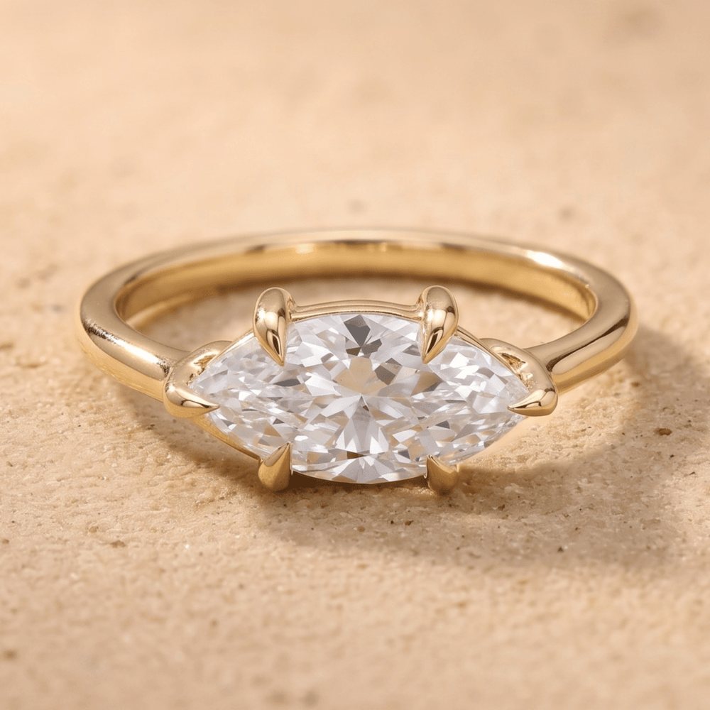 East West marquise moissanite bridal ring front view