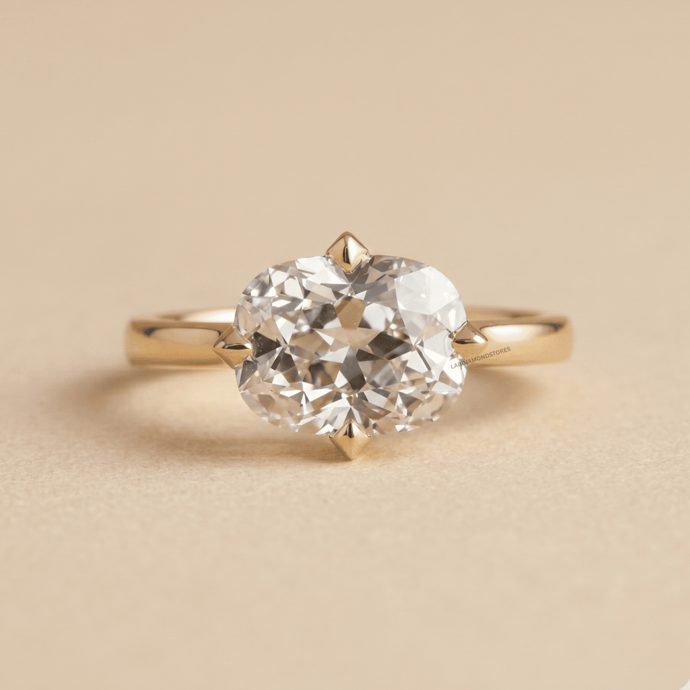 East west old cushion cut lab diamond ring