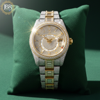 Elegant custom moissanite fully studded iced out VVS watch for men with sparkling stones, bold luxury design, and polished metal strap.