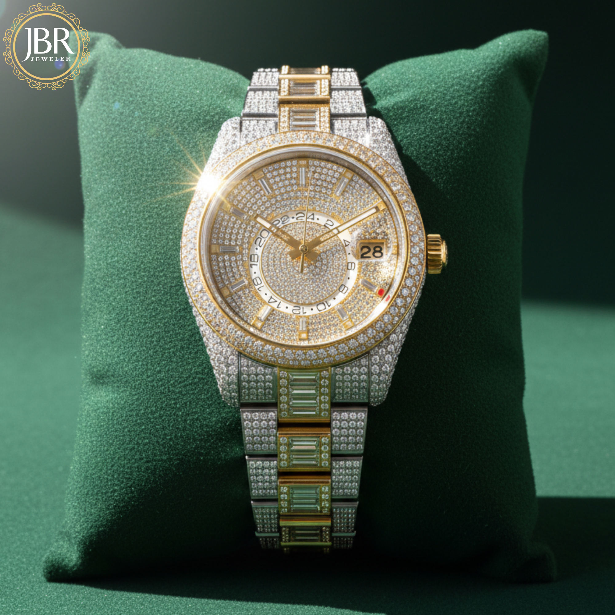 Elegant custom moissanite fully studded iced out VVS watch for men with sparkling stones, bold luxury design, and polished metal strap.