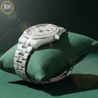 Elegant custom moissanite fully studded iced out VVS watch for men with sparkling stones, bold luxury design, and polished metal strap.