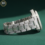 Elegant custom moissanite fully studded iced out VVS watch for men with sparkling stones, bold luxury design, and polished metal strap.