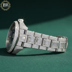 Elegant custom moissanite fully studded iced out VVS watch for men with sparkling stones, bold luxury design, and polished metal strap.