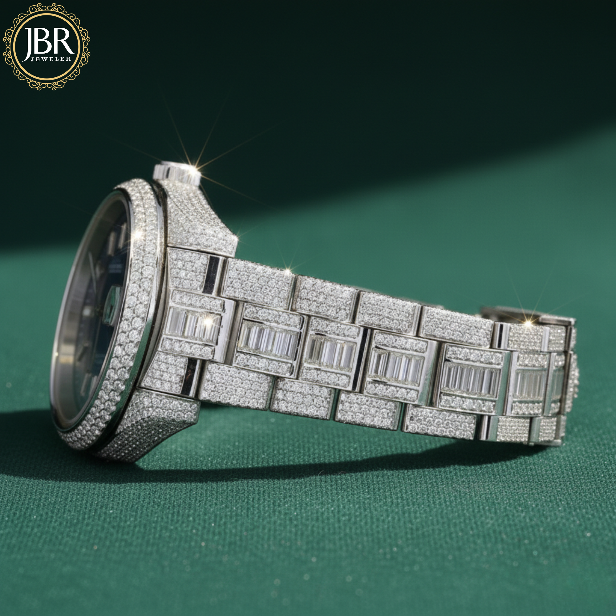 Elegant custom moissanite fully studded iced out VVS watch for men with sparkling stones, bold luxury design, and polished metal strap.