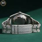Elegant custom moissanite fully studded iced out VVS watch for men with sparkling stones, bold luxury design, and polished metal strap.