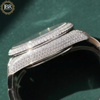Elegant custom moissanite fully studded iced out VVS watch for men with sparkling stones, bold luxury design, and polished metal strap.