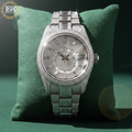 Elegant custom moissanite fully studded iced out VVS watch for men with sparkling stones, bold luxury design, and polished metal strap.