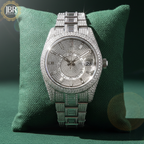 Elegant custom moissanite fully studded iced out VVS watch for men with sparkling stones, bold luxury design, and polished metal strap.