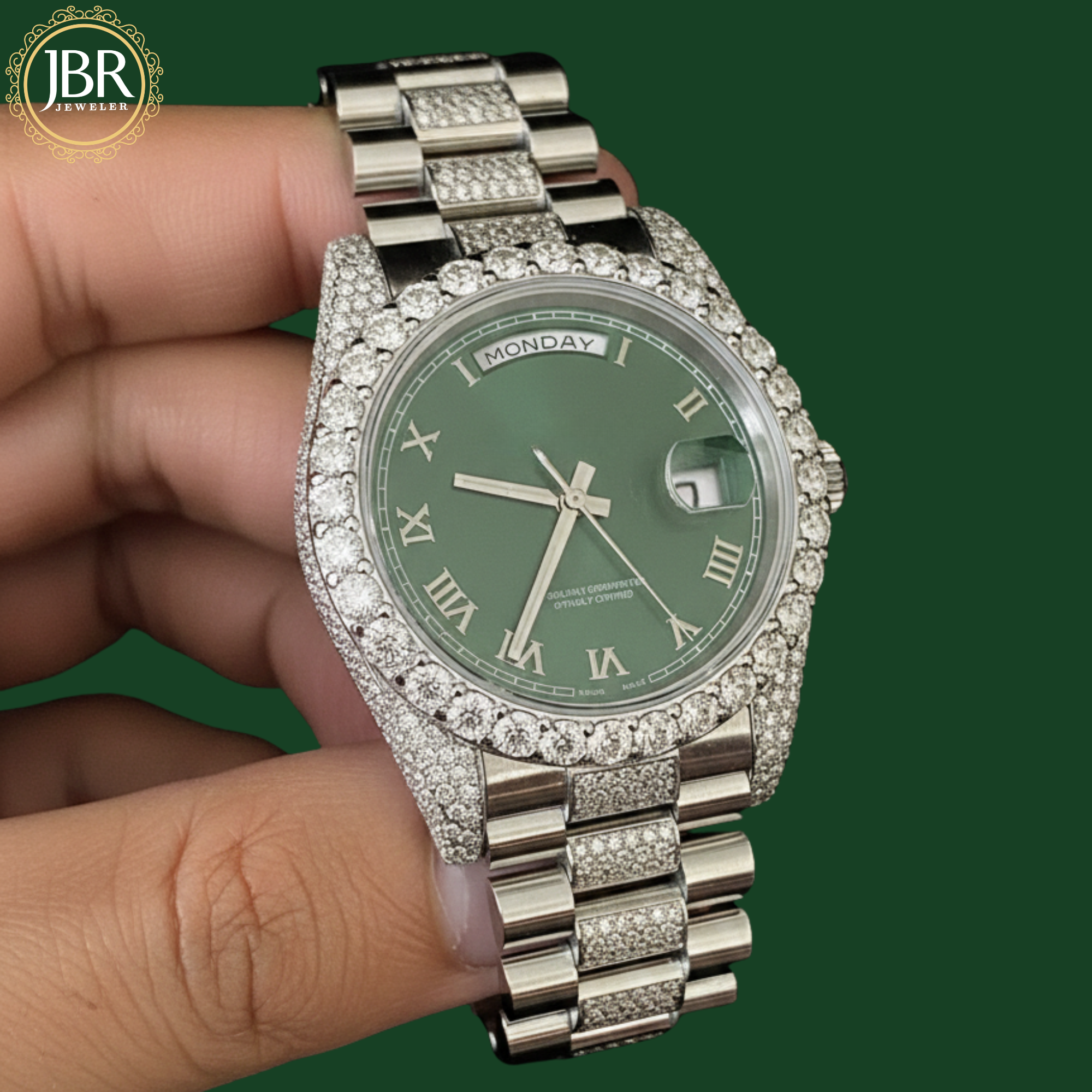 Elegant olive green dial moissanite watch with presidential-style metal strap and sparkling stone hour markers