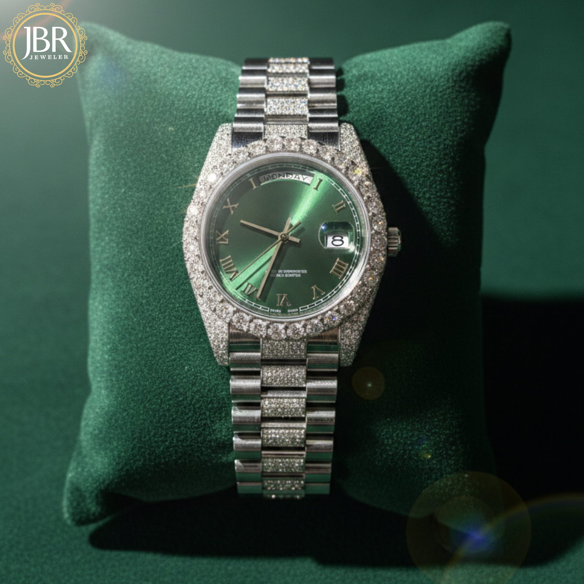 Elegant olive green dial moissanite watch with presidential-style metal strap and sparkling stone hour markers