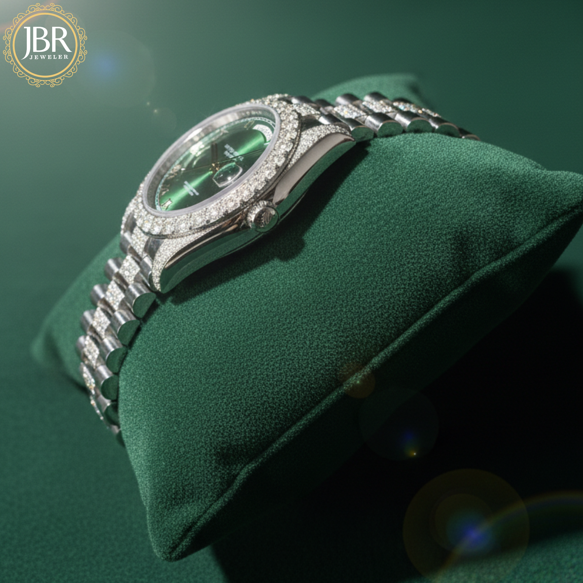 Elegant olive green dial moissanite watch with presidential-style metal strap and sparkling stone hour markers