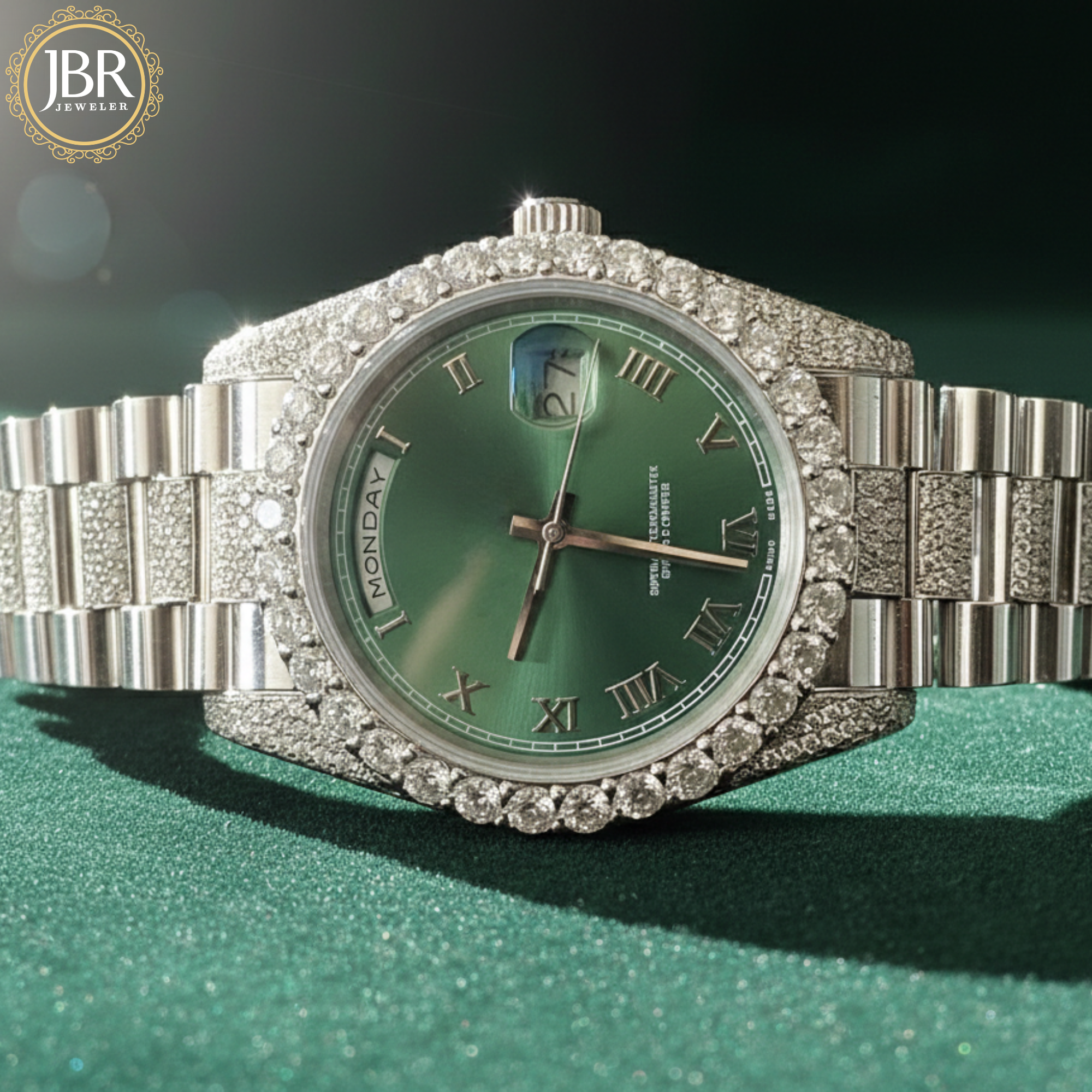 Elegant olive green dial moissanite watch with presidential-style metal strap and sparkling stone hour markers