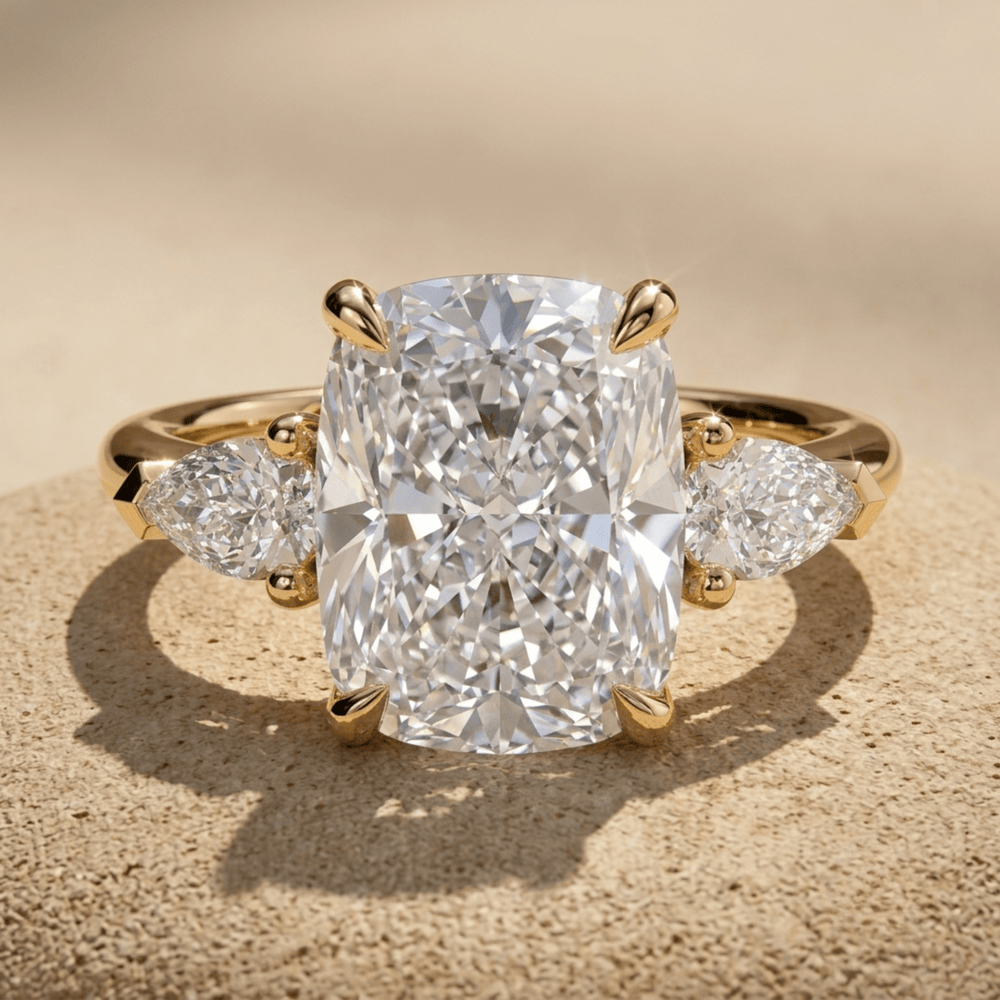 Elongated cushion cut lab diamond three stone ring