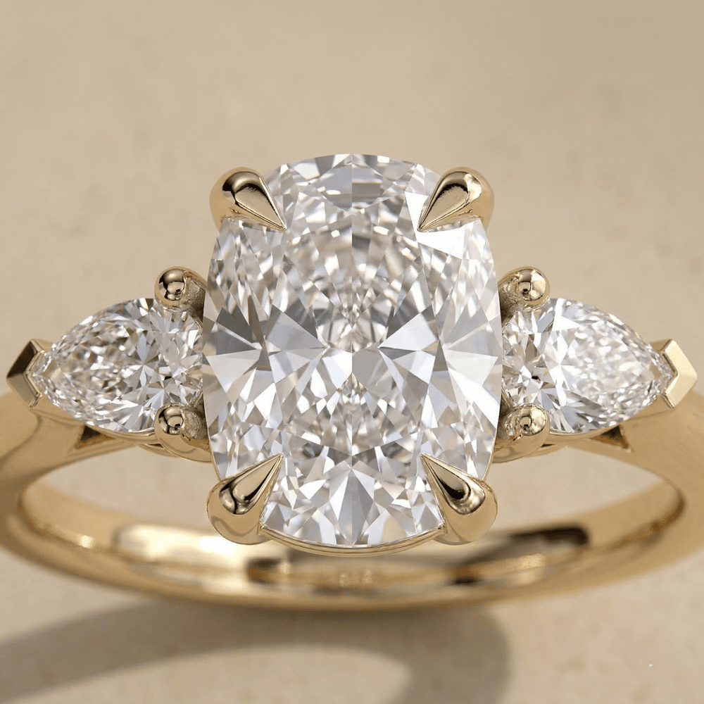 Three stone lab diamond engagement ring close up