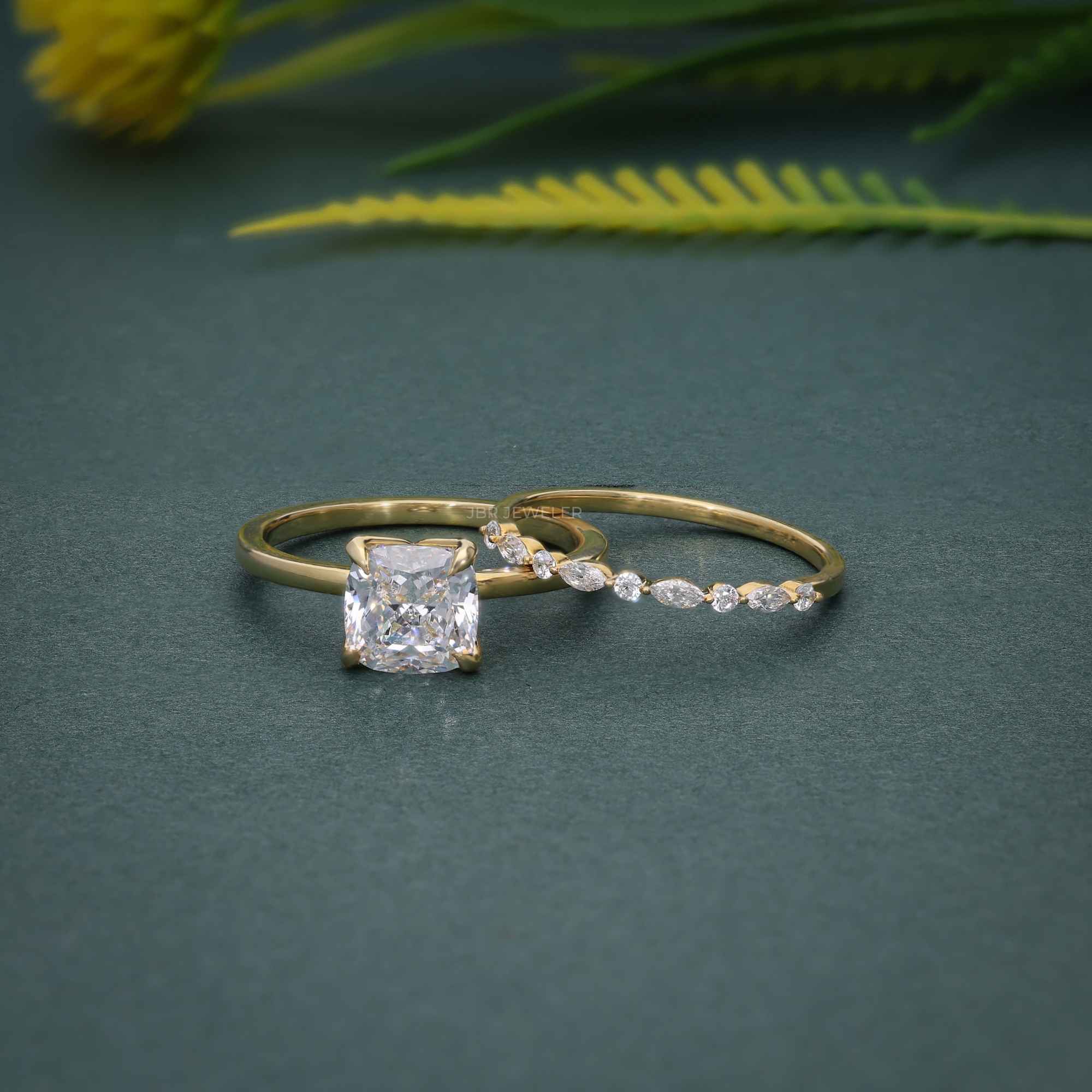 Elongated Cushion Cut Solitaire Lab Grown Diamond Wedding Bridal Ring Sets