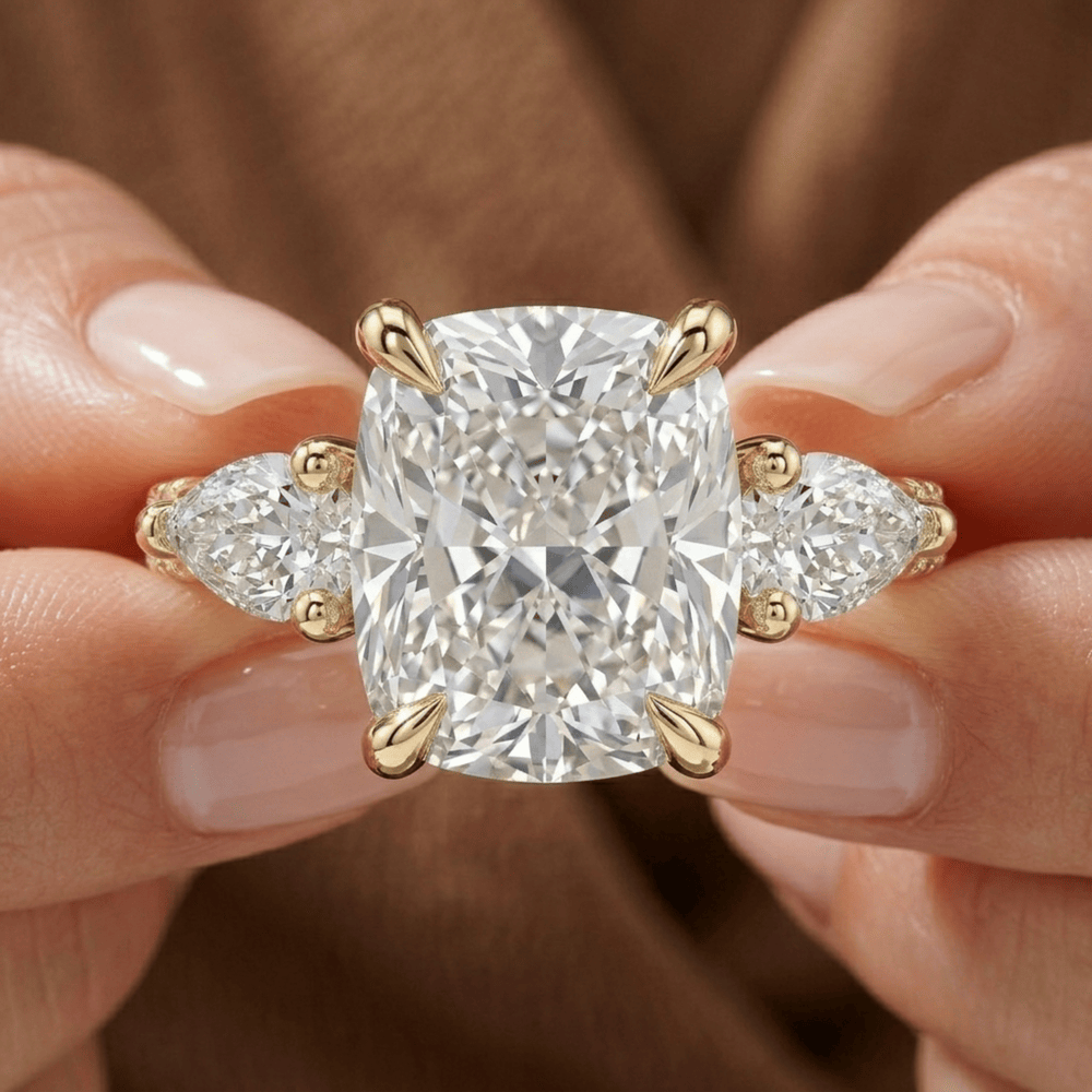14K Gold Elongated Cushion Diamond Ring with Pavé Band