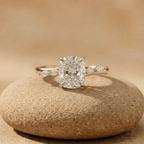 Elongated cushion lab diamond cathedral hidden halo engagement ring in 14 k yellow gold