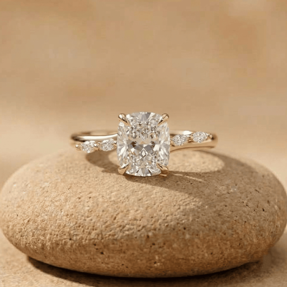 Elongated cushion lab diamond cathedral hidden halo engagement ring in 14 k yellow gold