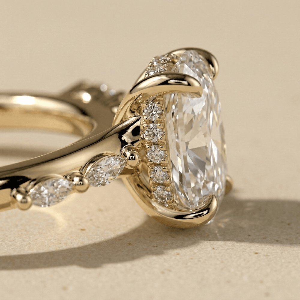 Lab diamond cathedral ring with hidden halo setting