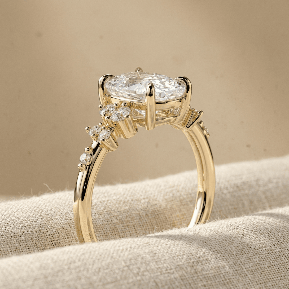 Cushion cut lab diamond ring with sparkling cluster setting