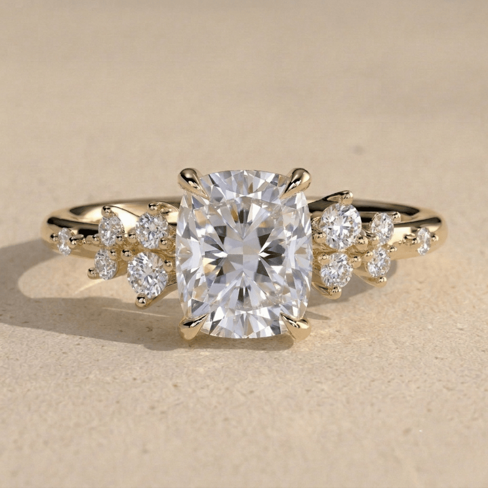 Elongated cushion cut lab diamond cluster engagement ring