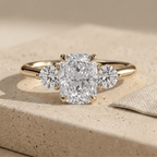 Three stone cushion cut gold ring for women