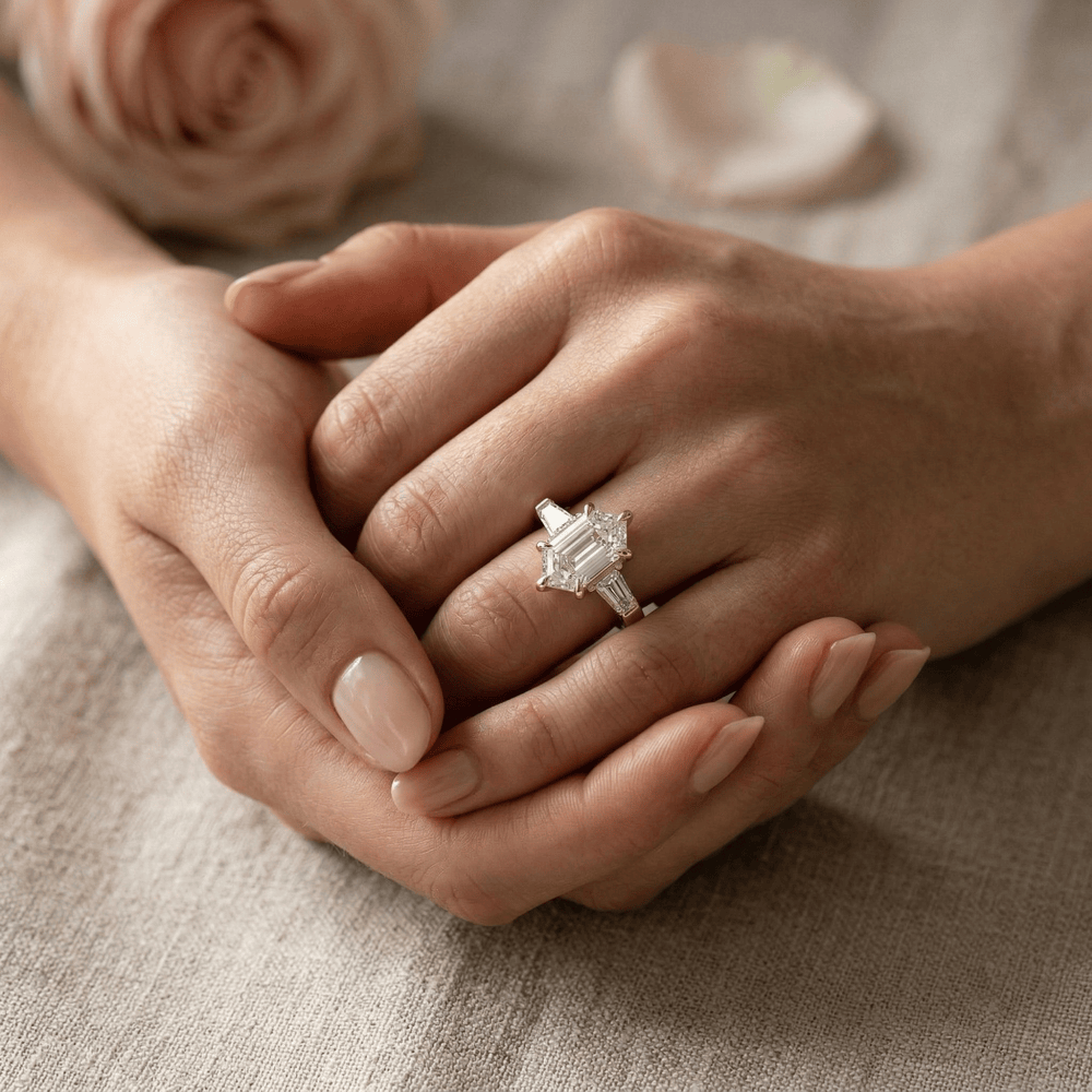 Elongated Hexagon Center Diamond Gold Engagement Ring