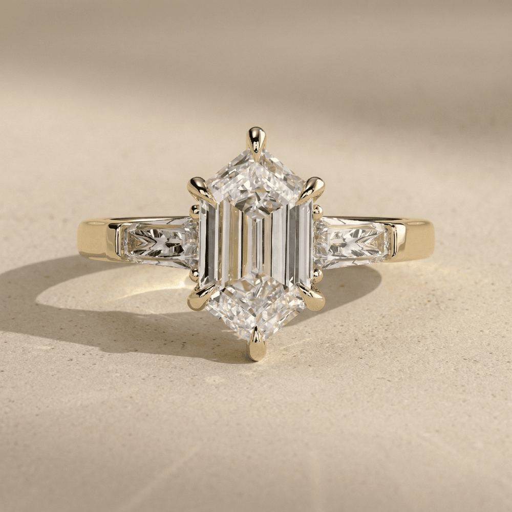 Elongated Hexagon Lab Diamond Three Stone Engagement Ring